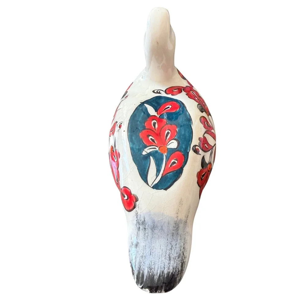 Hand Painted Ceramic Duck Figurine Floral Folk Art White Red Blue 8 Inch